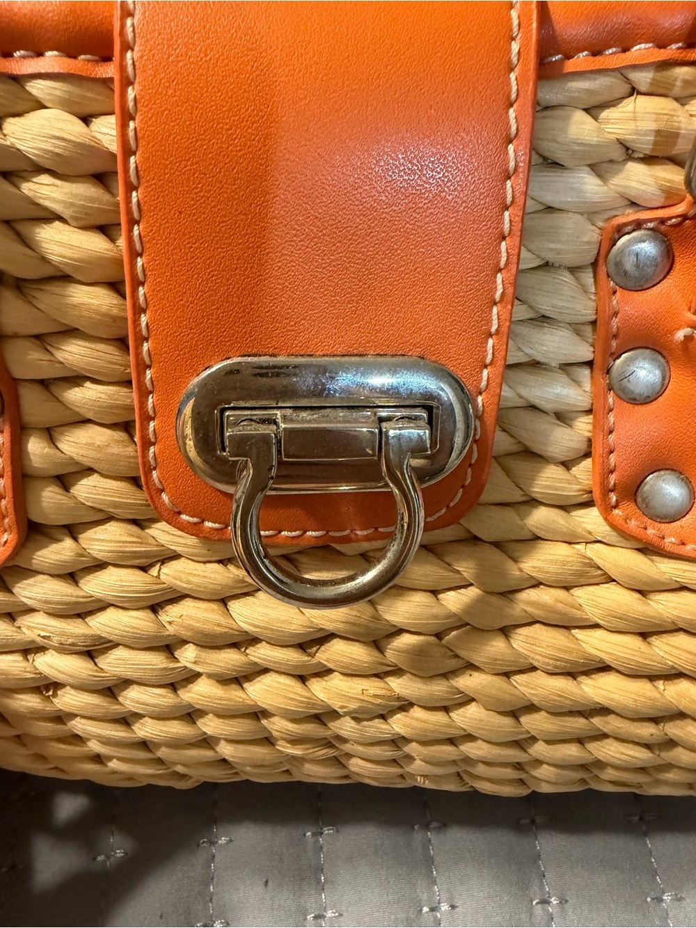 Vintage Woven Straw and Orange Faux Leather Handbag - Picture 4 of 8
